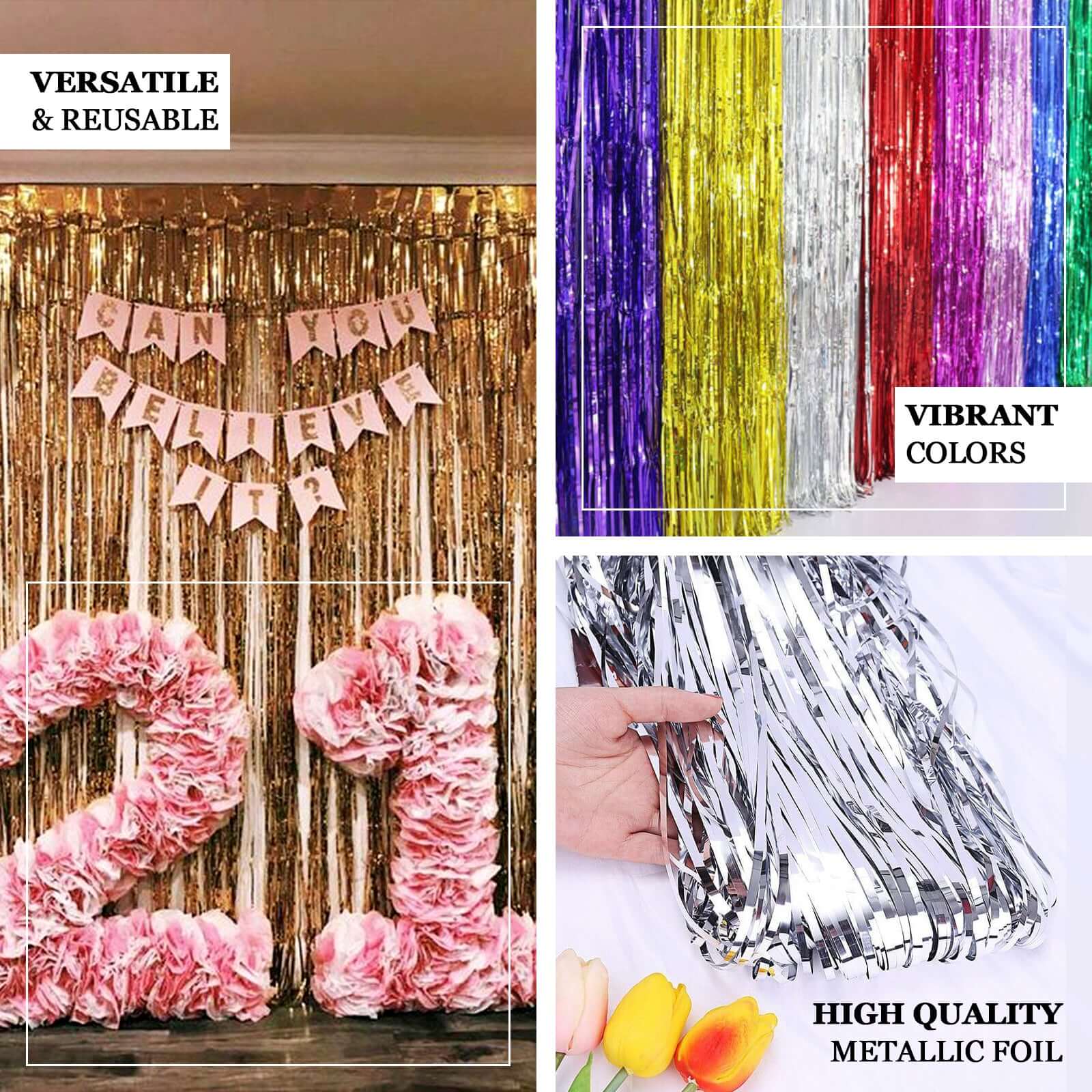 8ft Gold Metallic Foil Fringe Curtain - Ideal Party Backdrop