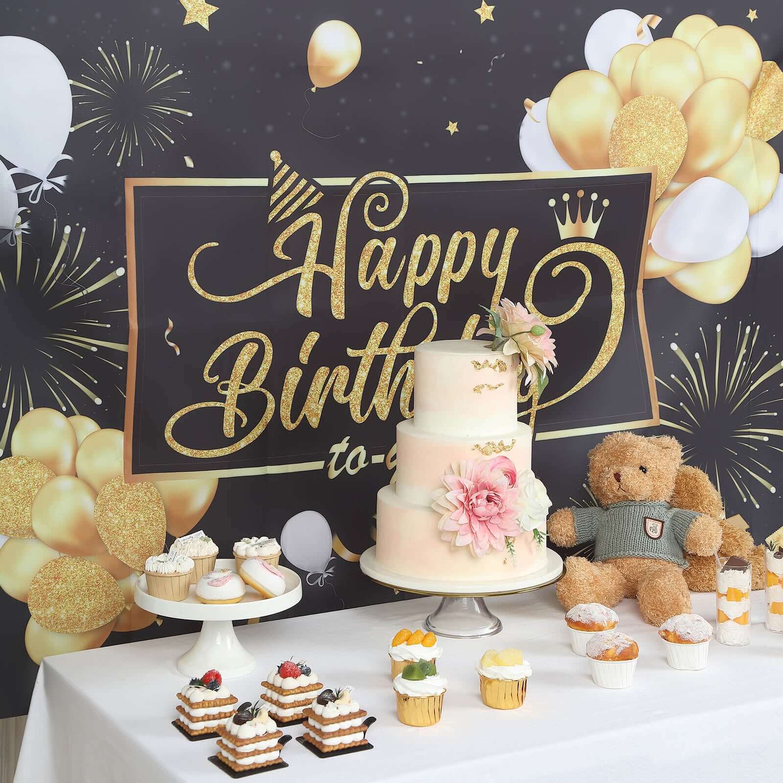 Hot Sale! 6ft x 3ft Black and Gold Polyester Happy Birthday Photo Booth Backdrop Decoration Banner