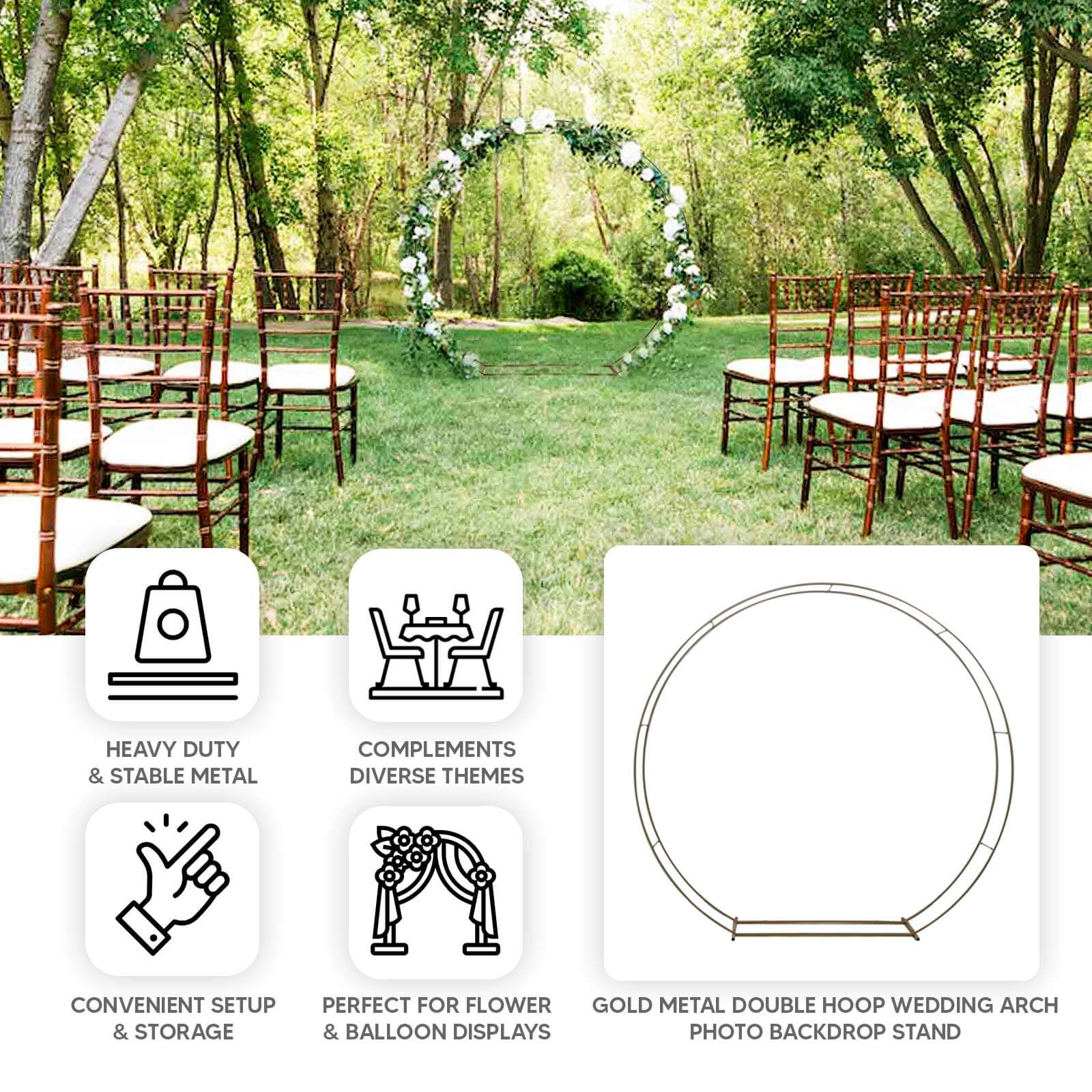 7.5ft Heavy Duty Gold Double Hoop Metal Wedding Arbor - Ideal for Floral & Balloon Decor