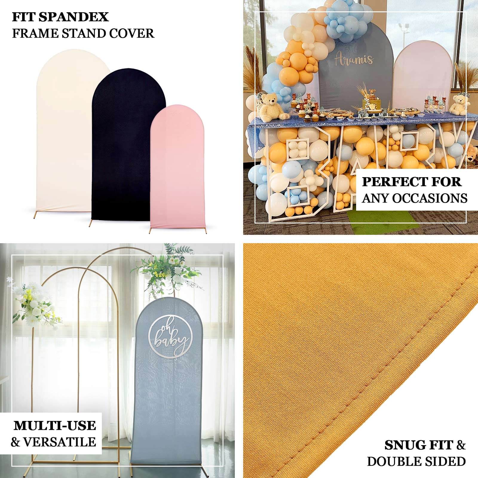 Exclusive Set of 3 Mixed Natural Spandex Fitted Covers for Round Top Wedding Arch - 5ft, 6ft, 7ft