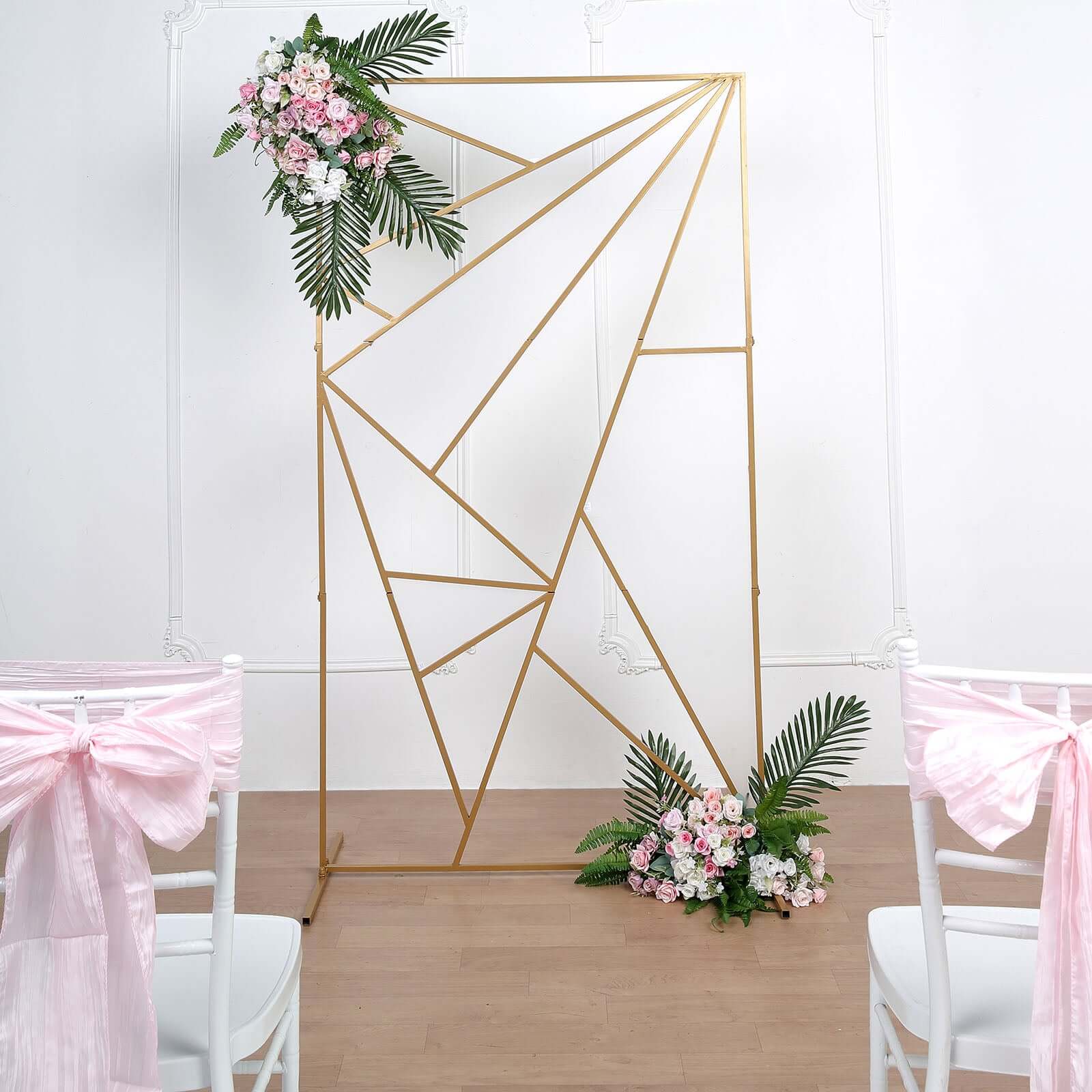 6ft Tall Gold Metal Rectangular Geometric Flower Frame for Wedding Backdrop with Cloudy Film Insert
