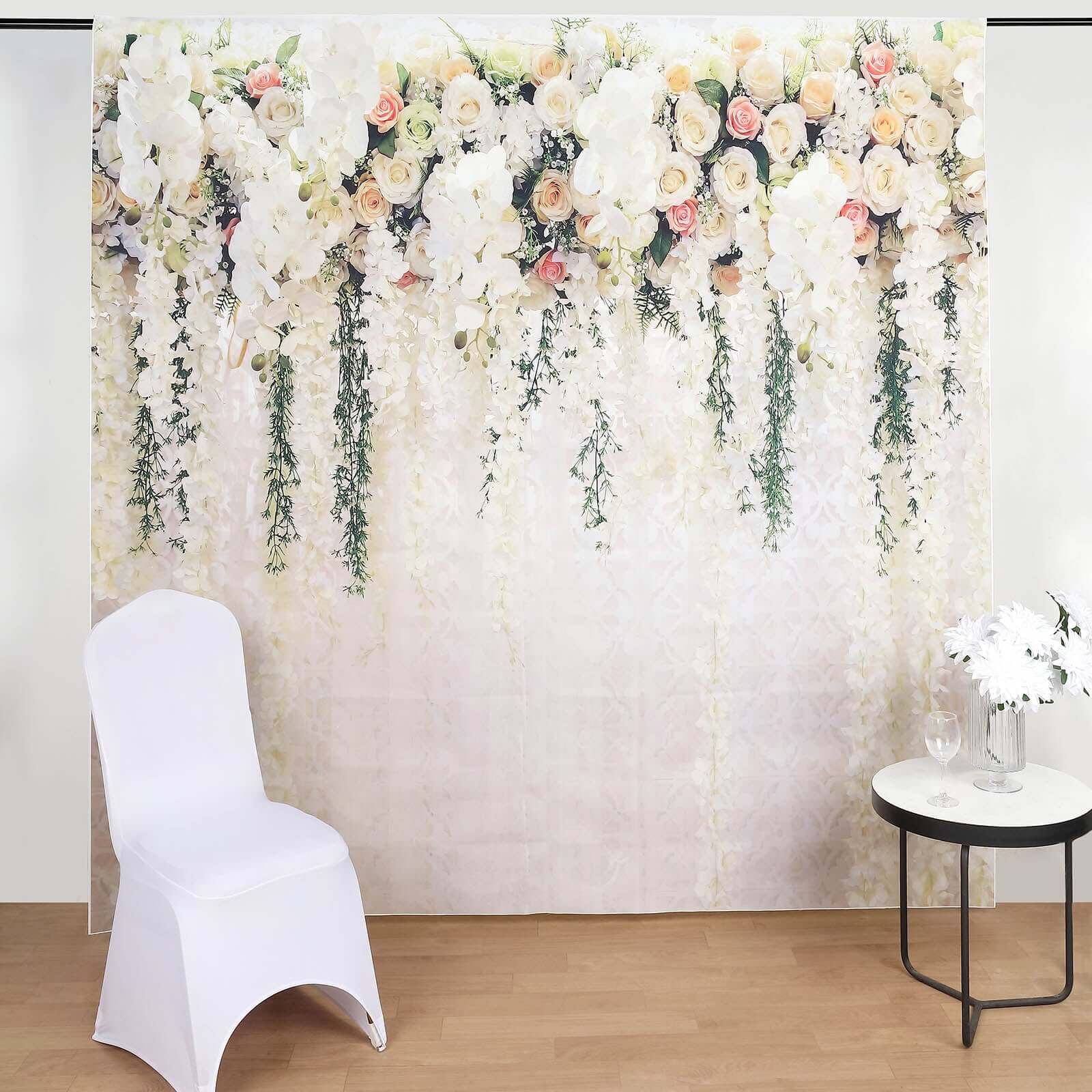 8ft x 8ft Lightweight Vinyl Photography Backdrop with White Rose and Floral Print