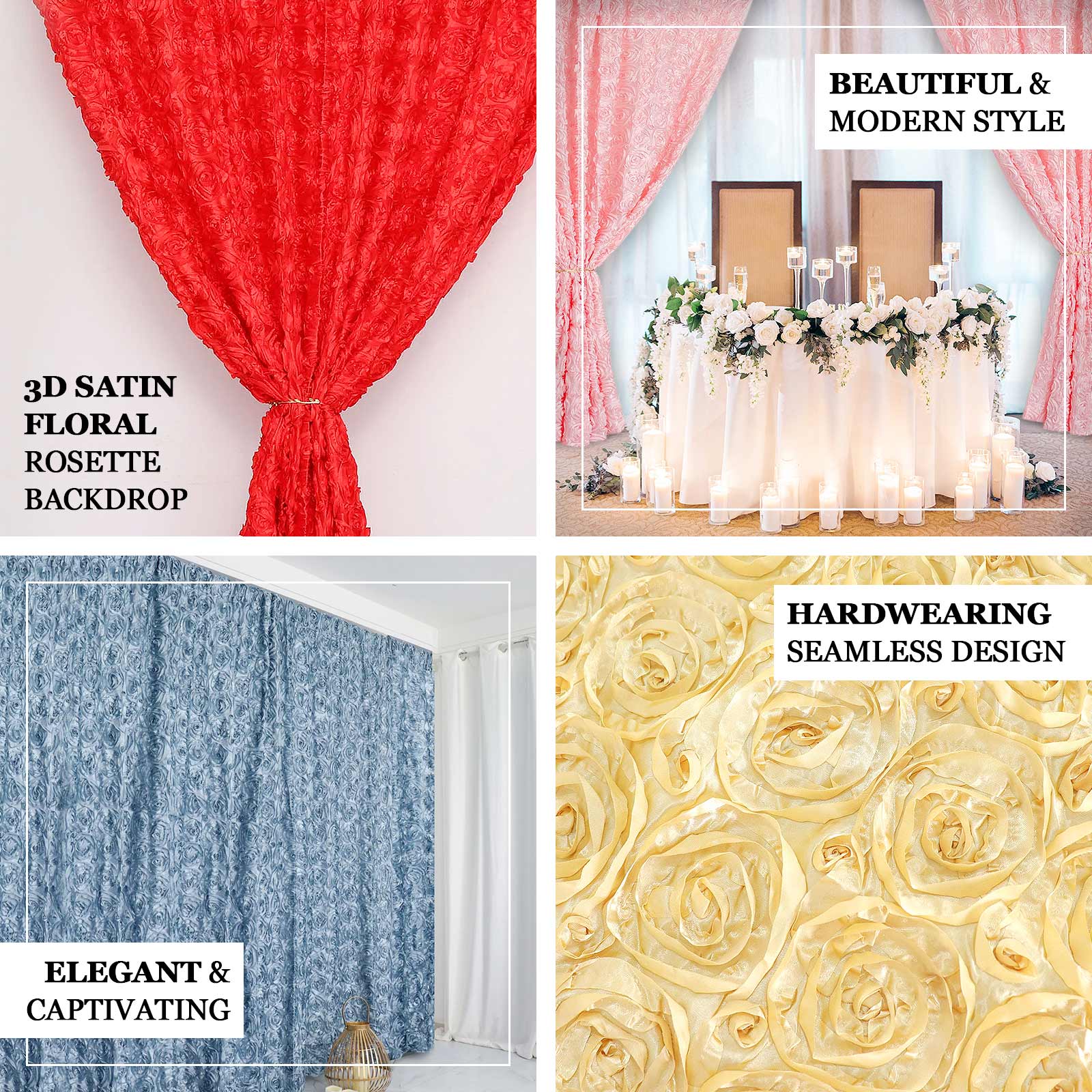 8ft by 8ft White Satin 3D Rosette Backdrop Curtain for Events