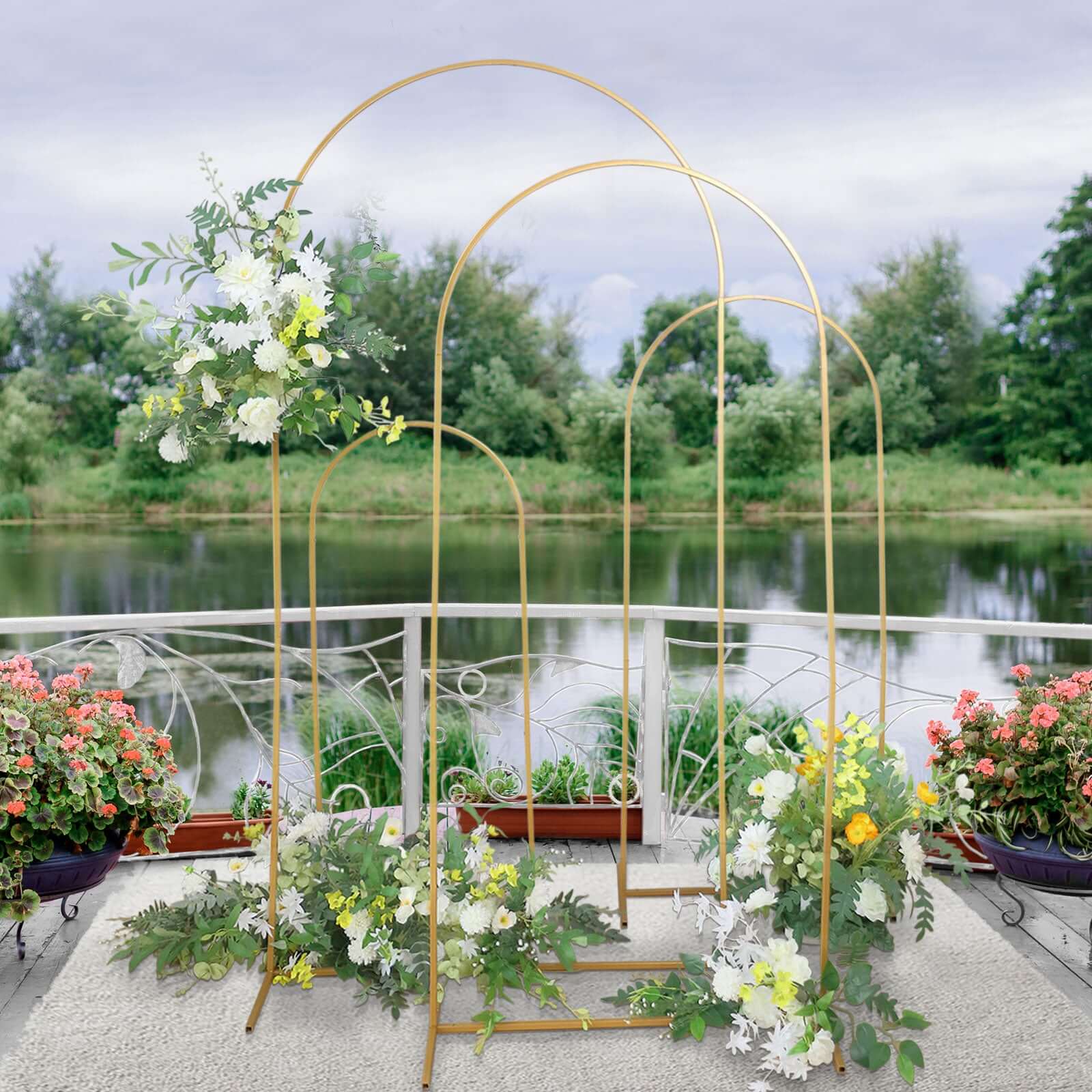 4-Piece Gold Metal Wedding Arch Backdrop Stand Set with Round Top for Floral Display