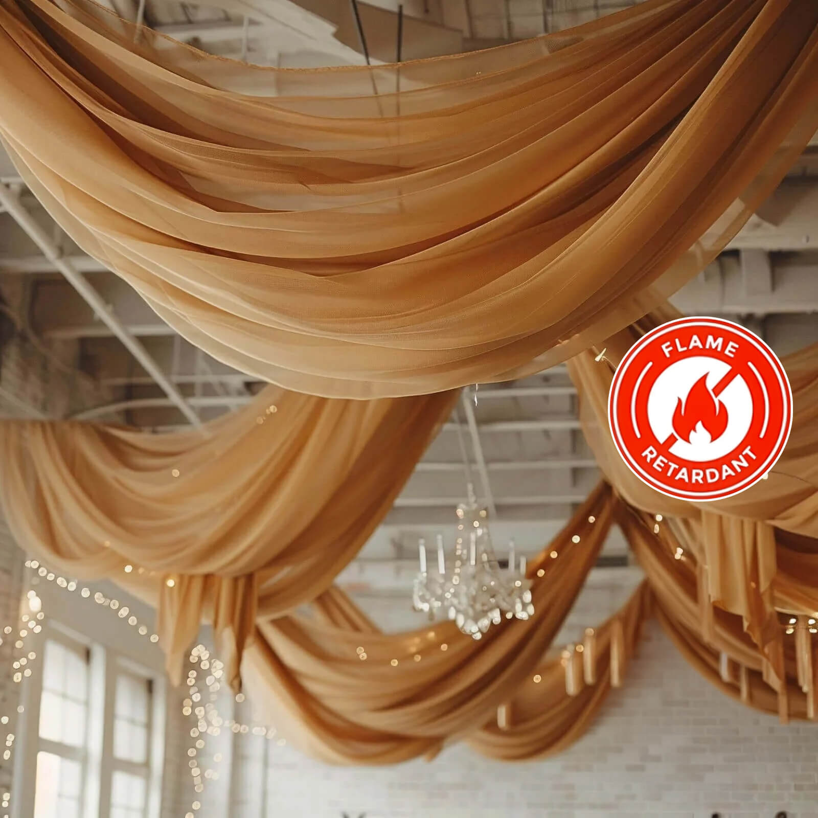 5ft x 32ft Gold Premium Chiffon Curtain Panel - Durable Flame Resistant! Ideal for Events