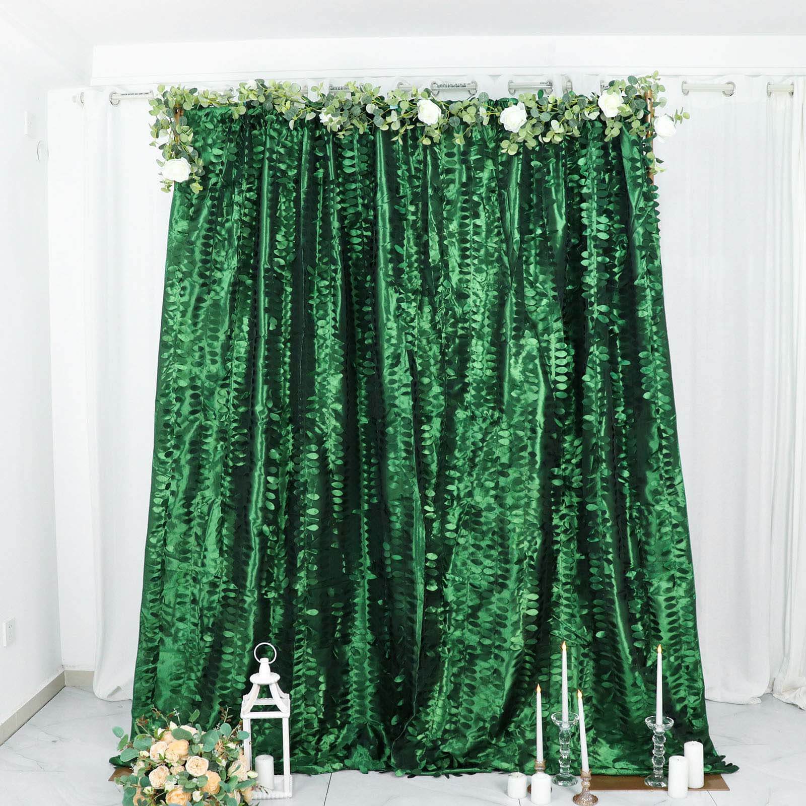 Exclusive 8ft x 8ft Green 3D Leaf Petal Taffeta Event Curtains with Rod Pocket for Backdrops