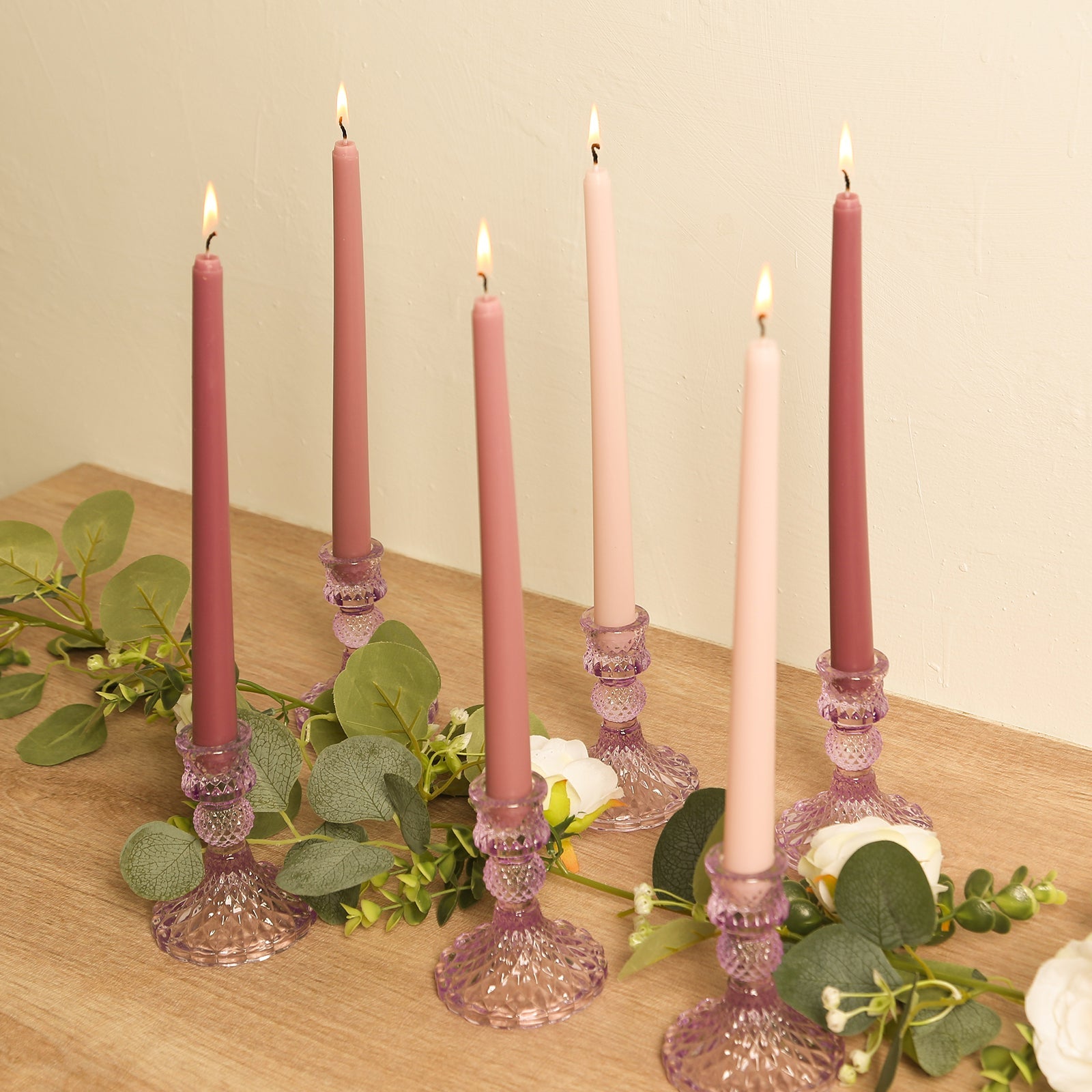 12-Pack Premium Unscented Mixed Dusty Rose Taper Candles for Elegant Decor