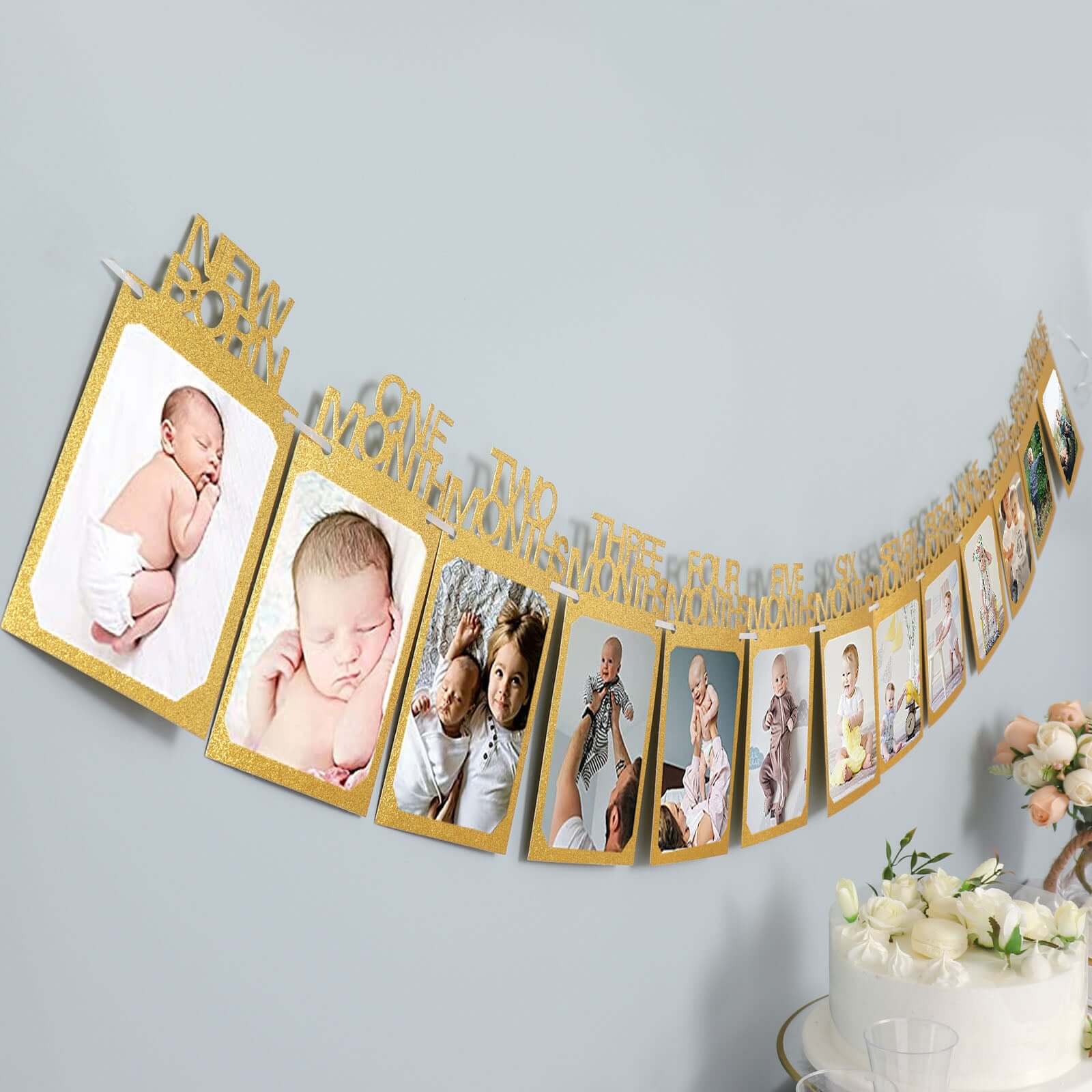 1st Birthday 12 Month Milestone Gold Photo Backdrop Hanging Banner, 5.5ft Garland