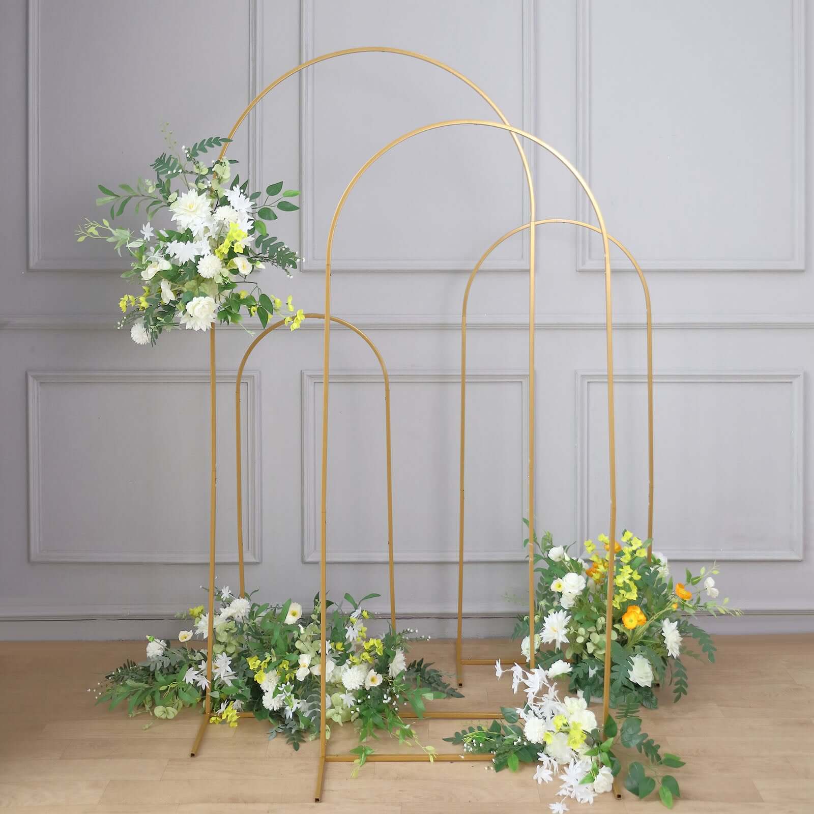 4-Piece Gold Metal Wedding Arch Backdrop Stand Set with Round Top for Floral Display