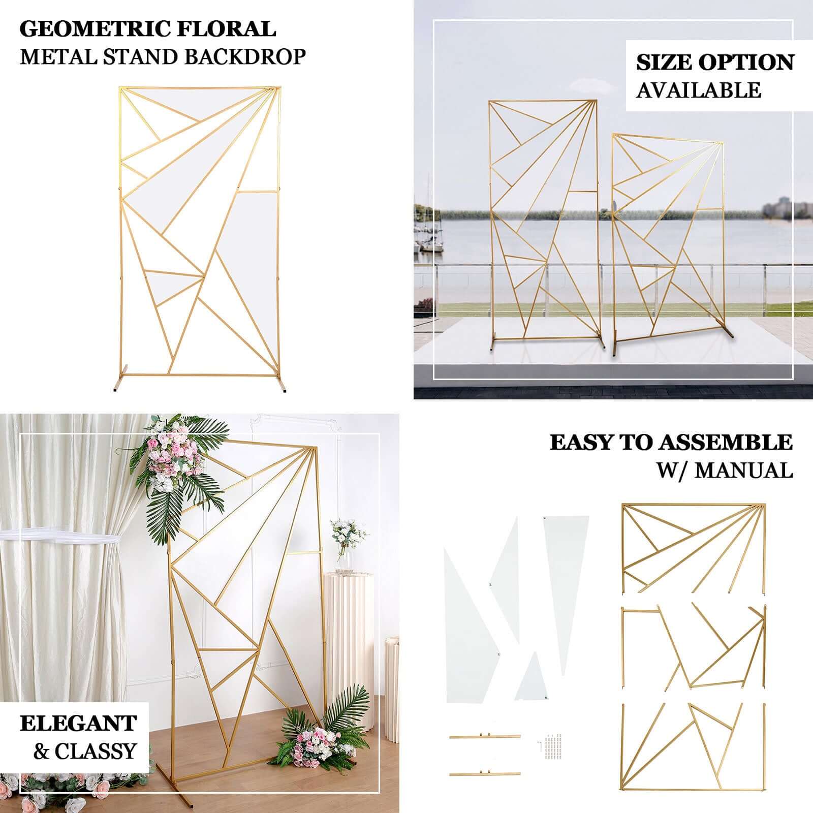 6ft Tall Gold Metal Rectangular Geometric Flower Frame for Wedding Backdrop with Cloudy Film Insert