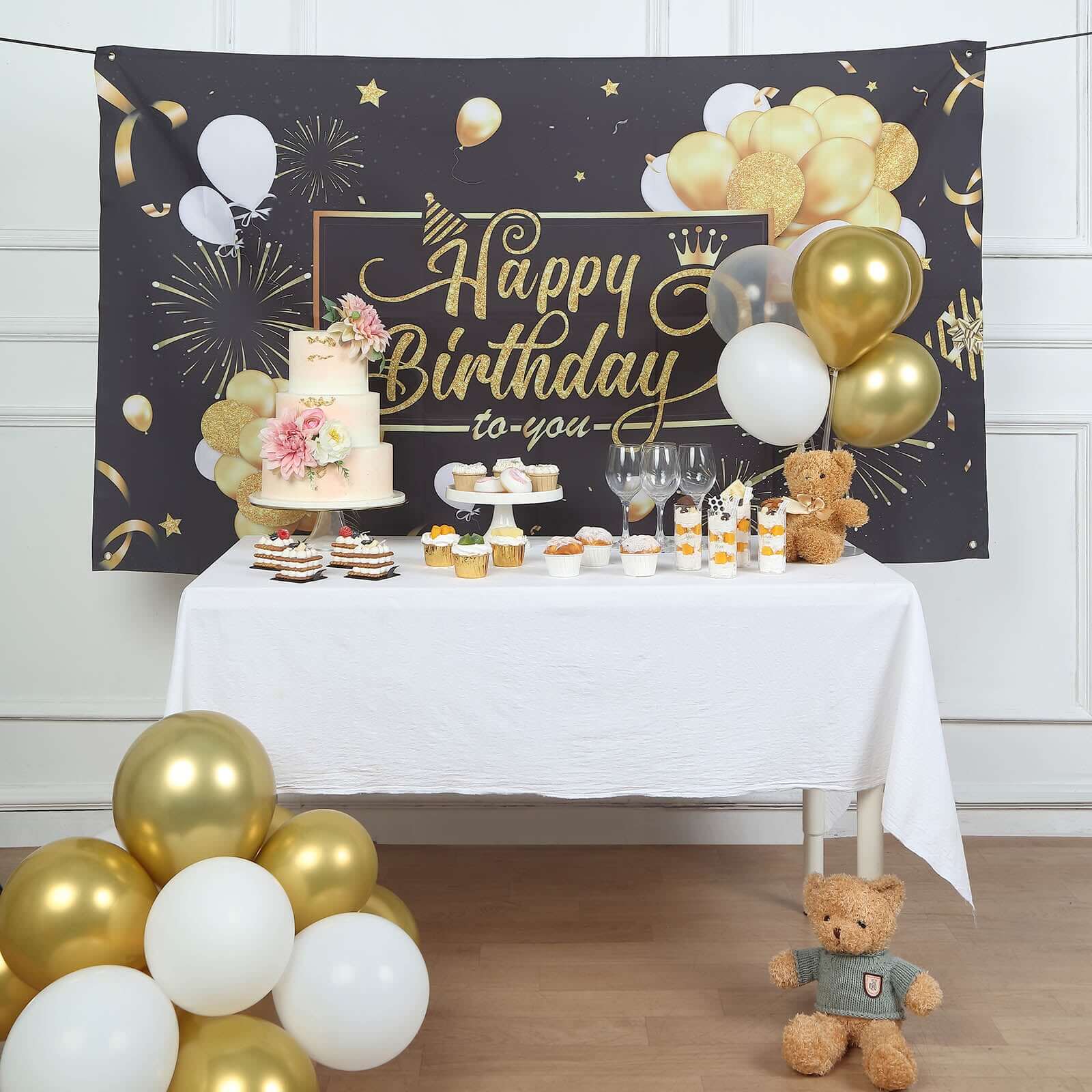 Hot Sale! 6ft x 3ft Black and Gold Polyester Happy Birthday Photo Booth Backdrop Decoration Banner
