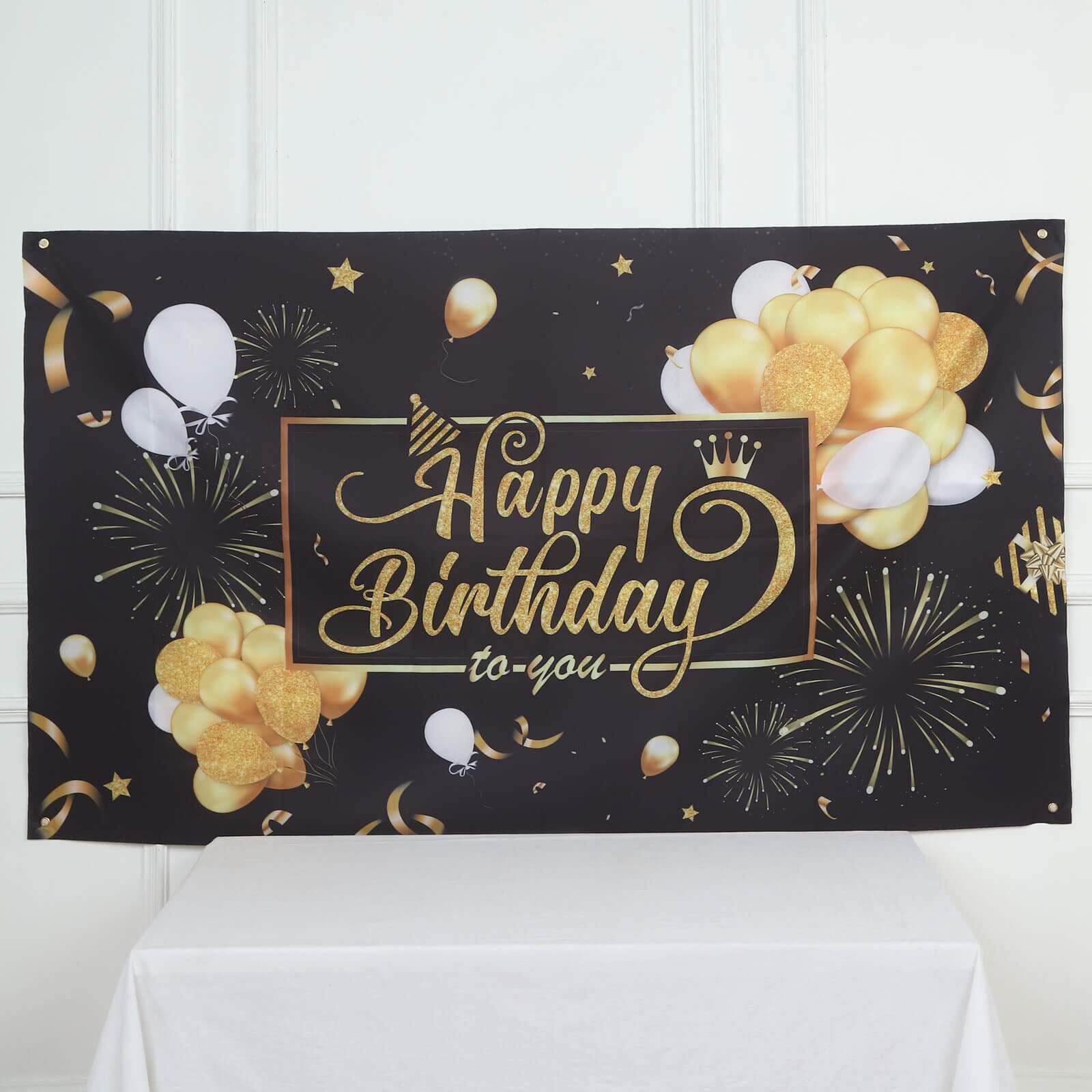Hot Sale! 6ft x 3ft Black and Gold Polyester Happy Birthday Photo Booth Backdrop Decoration Banner