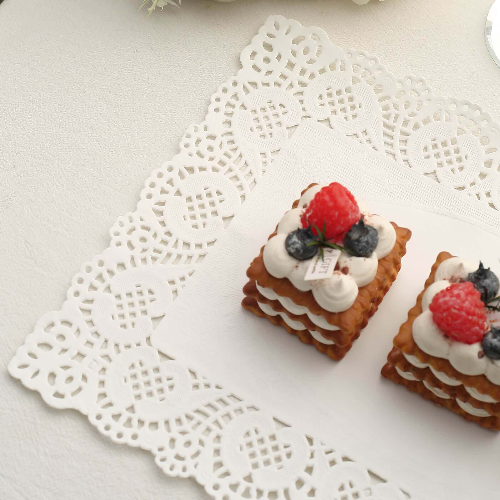 100 Pcs White Food - Grade Lace Paper Rectangle Placemats (14x10) for Dessert Display & Table Decor