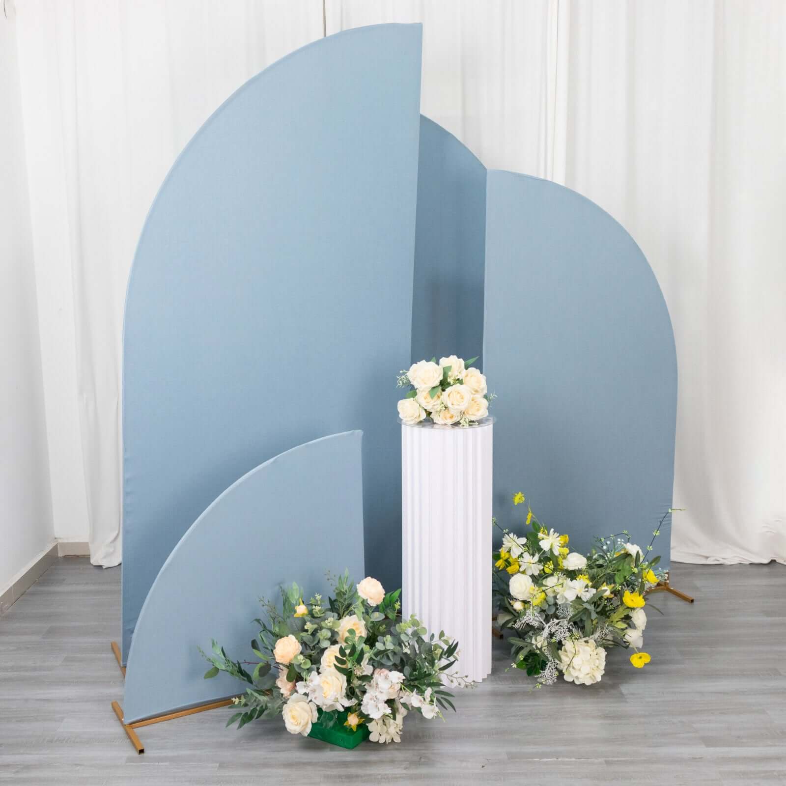 Customizable Set of 4 Matte Dusty Blue Spandex Half - Moon Wedding Arch Backdrop Covers in 4 Sizes