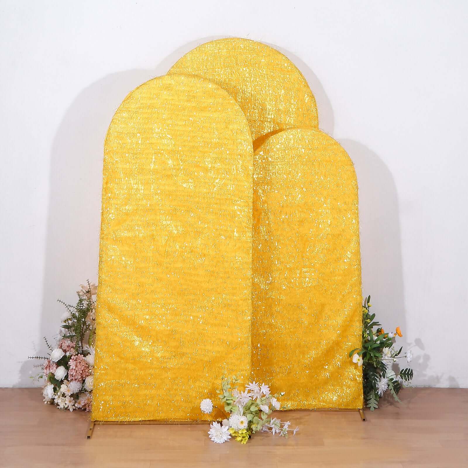Get 3-Piece Gold Metallic Fringe Chiara Wedding Arch Covers - 5ft, 6ft, 7ft