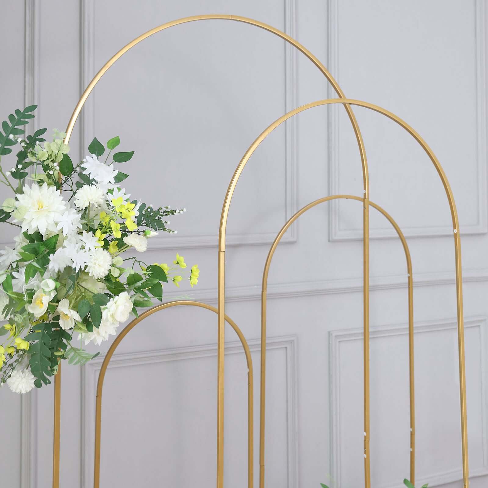4-Piece Gold Metal Wedding Arch Backdrop Stand Set with Round Top for Floral Display