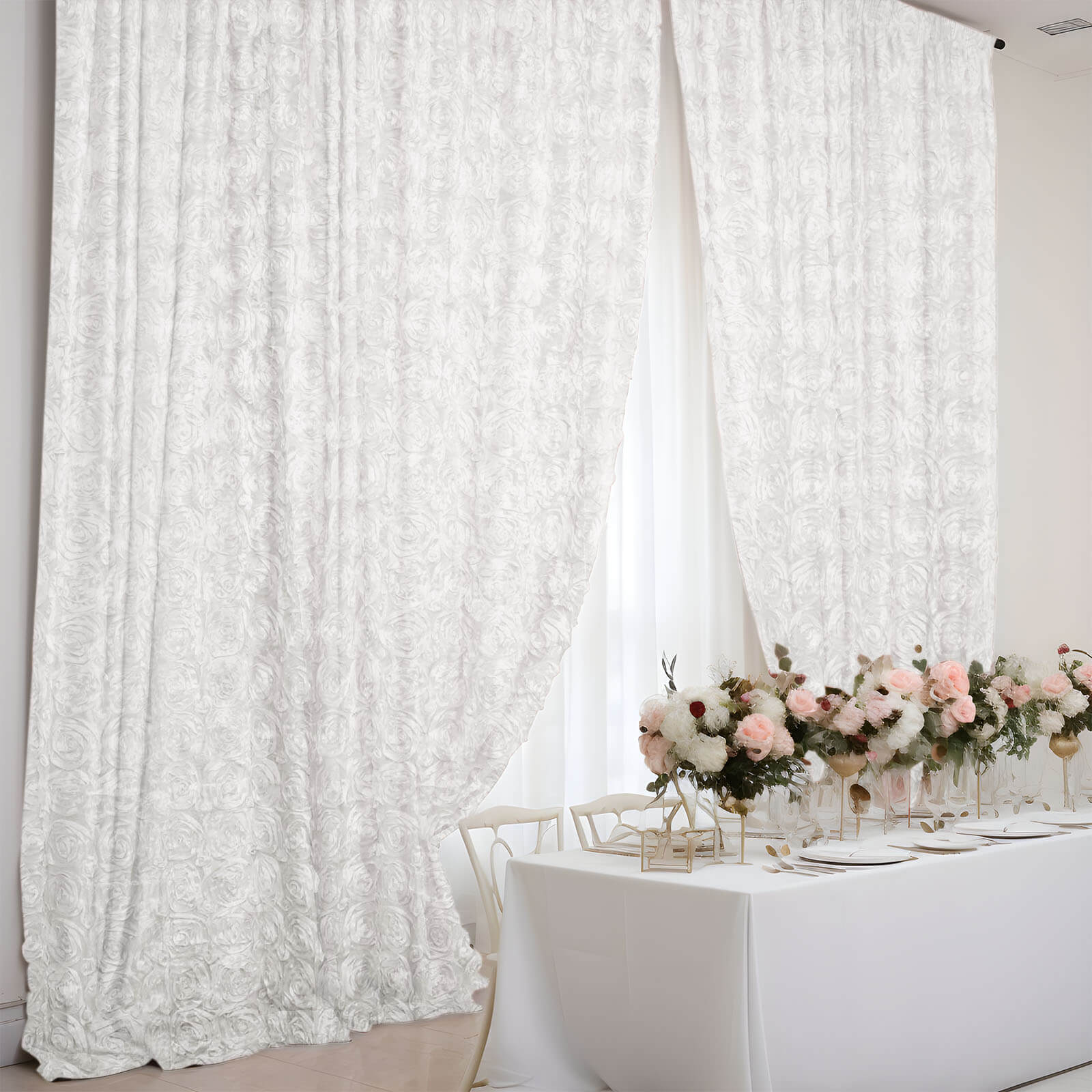 8ft by 8ft White Satin 3D Rosette Backdrop Curtain for Events