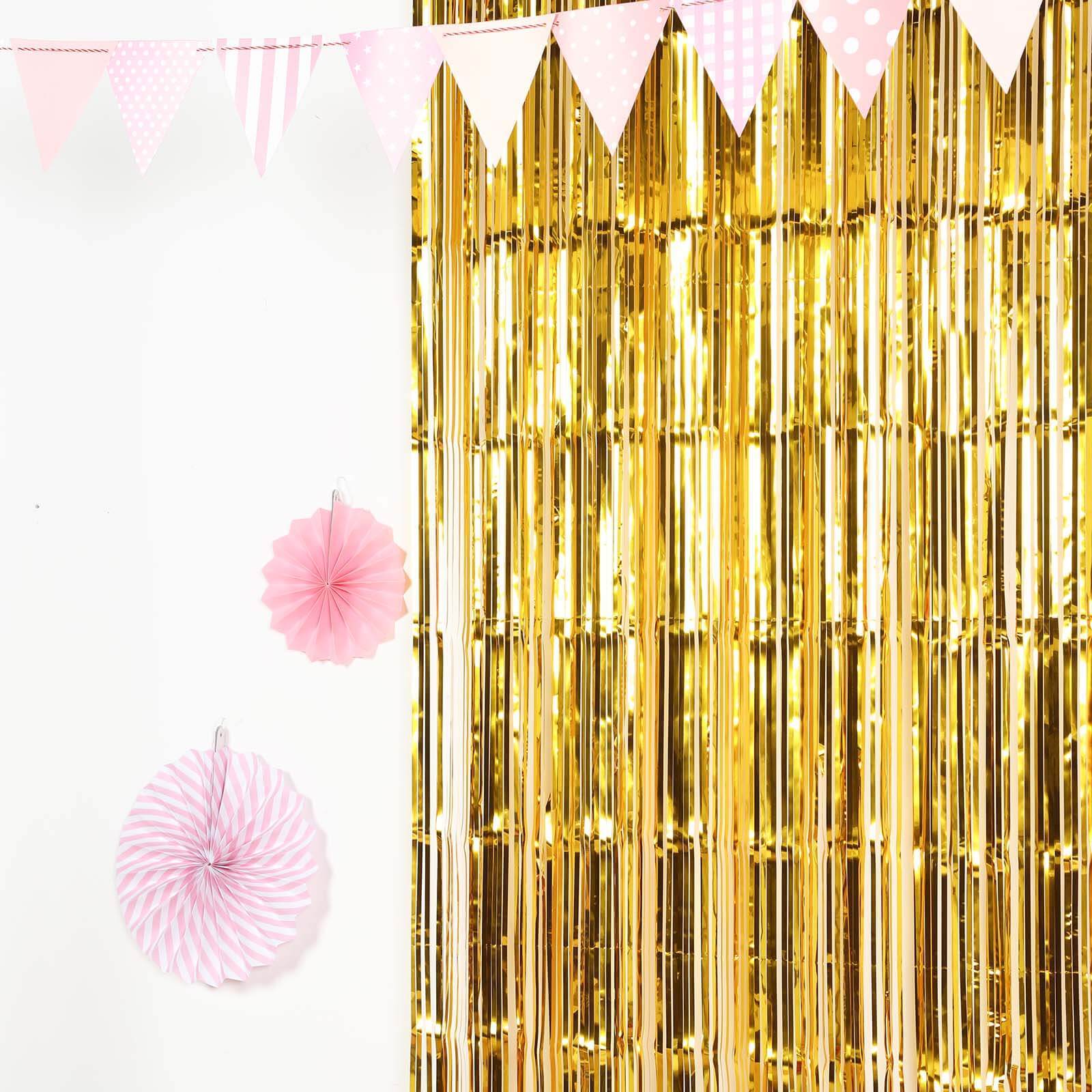 8ft Gold Metallic Foil Fringe Curtain - Ideal Party Backdrop