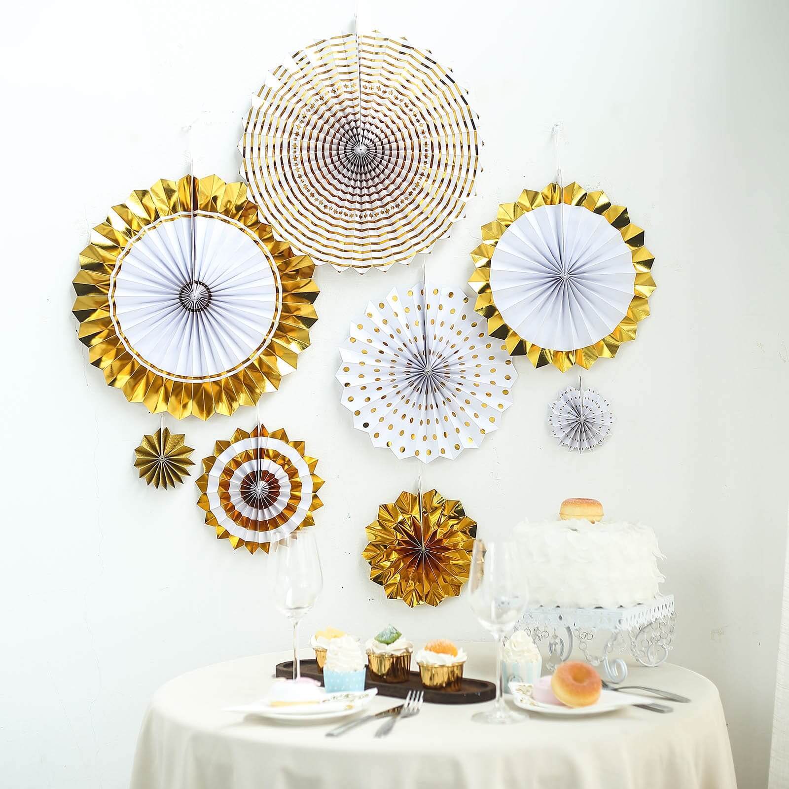 8-Piece Gold & White Hanging Paper Fan Party Decor Kit - 4', 8', 12', 16'