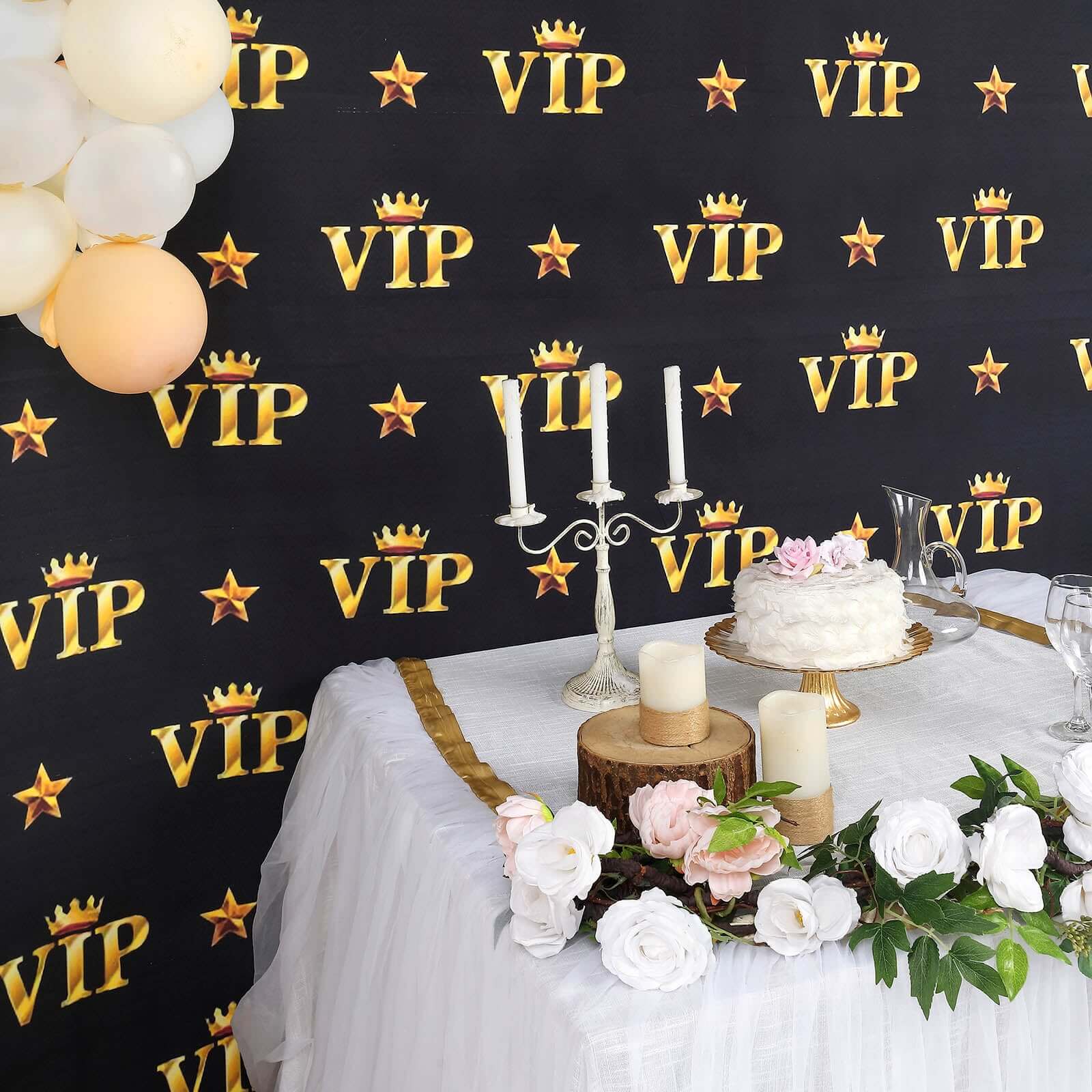Hot Sale! 8ft x 8ft Hollywood-Style Vinyl Photography Backdrop with Gold Crown Star Design in Black & Gold
