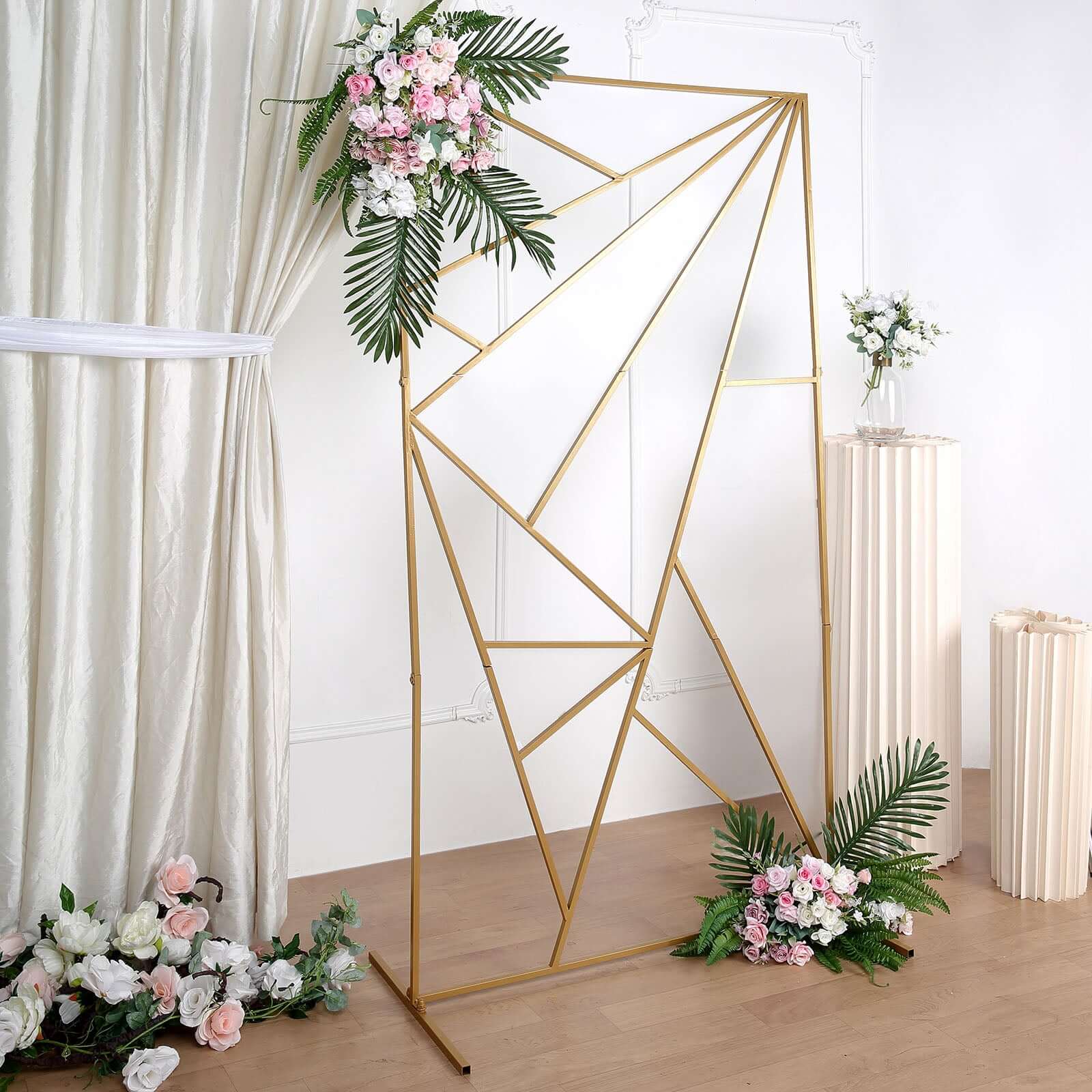 6ft Tall Gold Metal Rectangular Geometric Flower Frame for Wedding Backdrop with Cloudy Film Insert