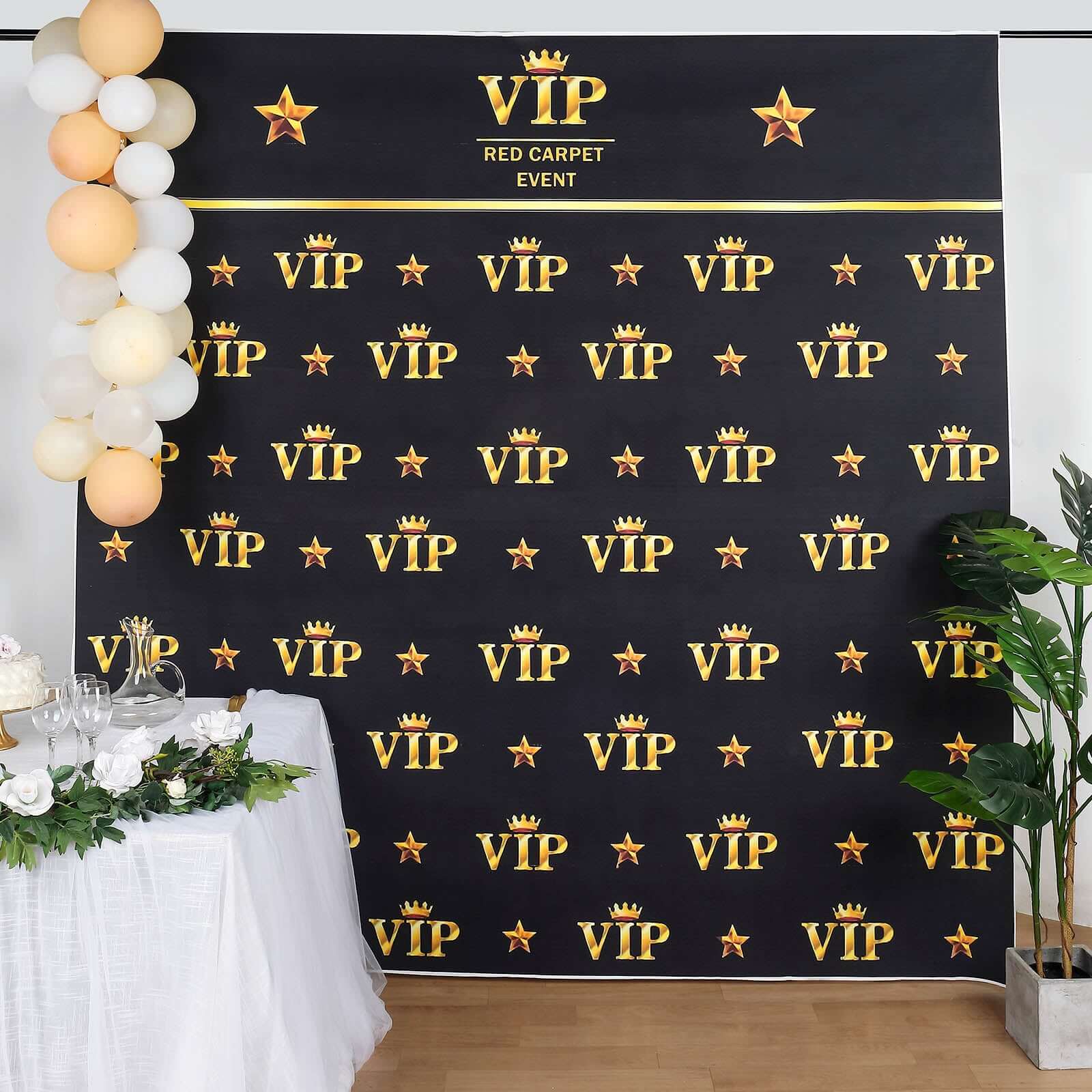 Hot Sale! 8ft x 8ft Hollywood-Style Vinyl Photography Backdrop with Gold Crown Star Design in Black & Gold
