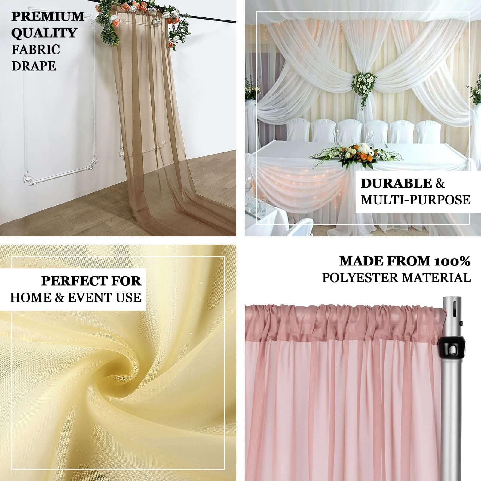 5ft x 32ft High - Quality Dusty Rose Chiffon Flame - Resistant Curtain Panel with Rod Pocket