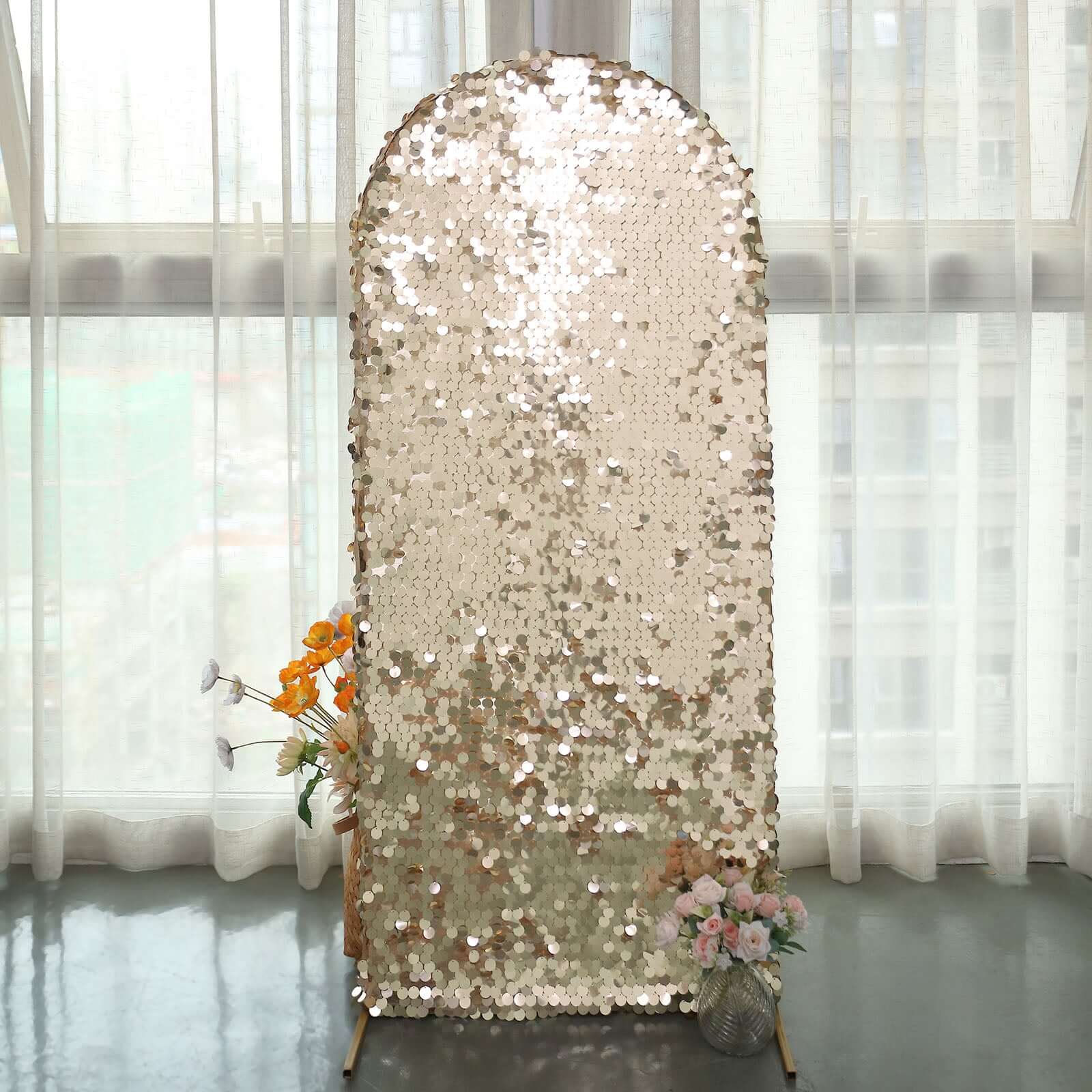 Get This 5ft Double-Sided Champagne Sparkly Sequin Cover for Your Round Top Wedding Arch