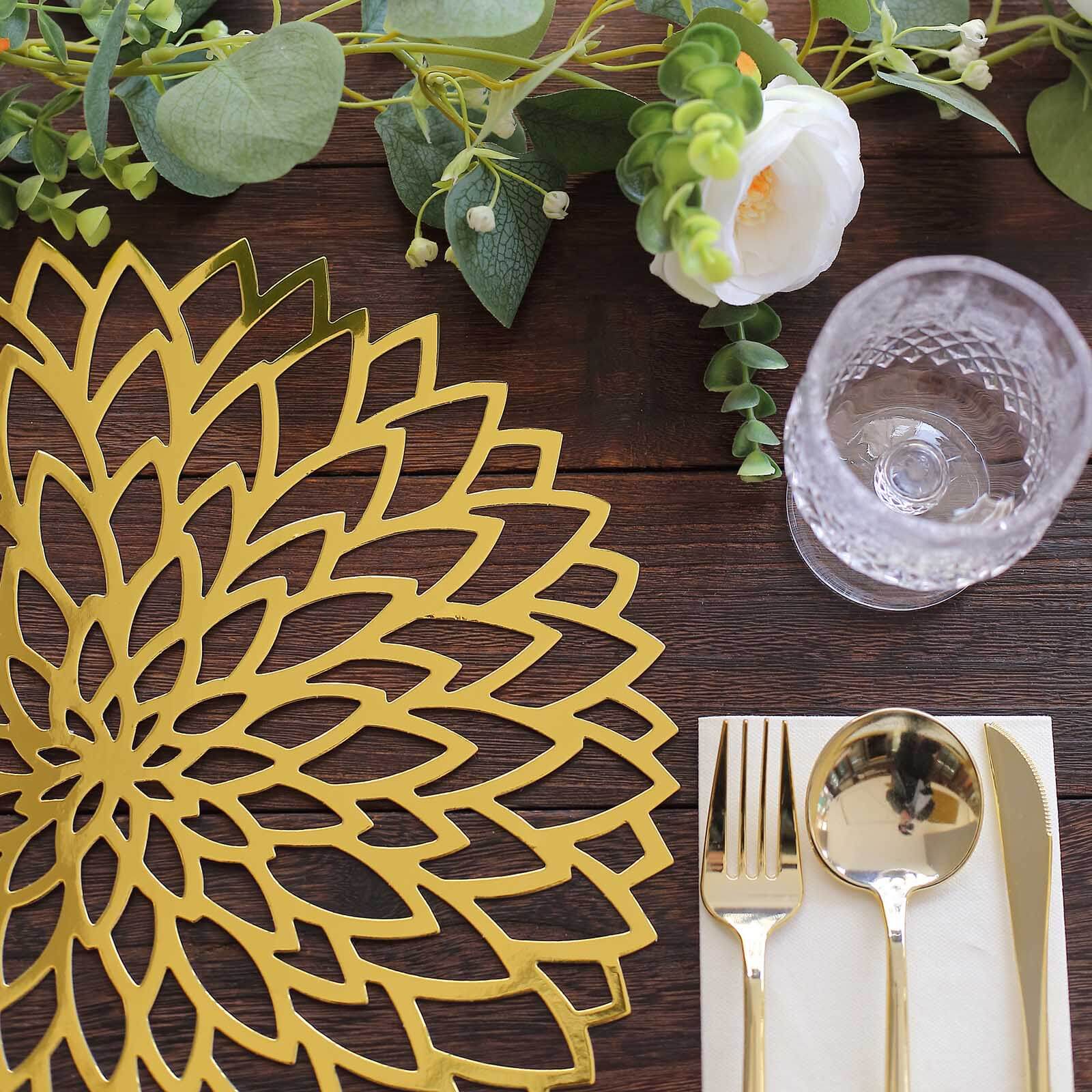6-Piece Disposable Metallic Gold Cardboard Placemats with Laser-Cut Hibiscus Design - 400GSM, 13 Inches