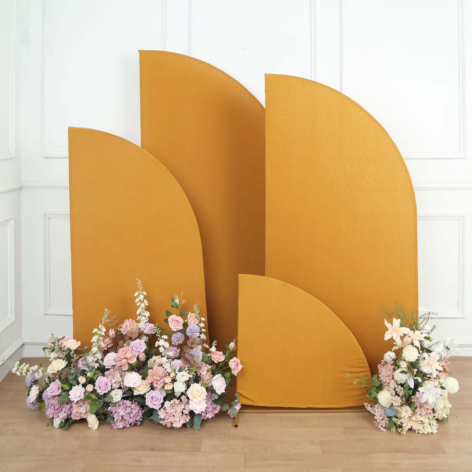 Custom-Fitted Set of 4 Matte Gold Spandex Half Moon Wedding Arch Backdrop Covers in 4 Sizes