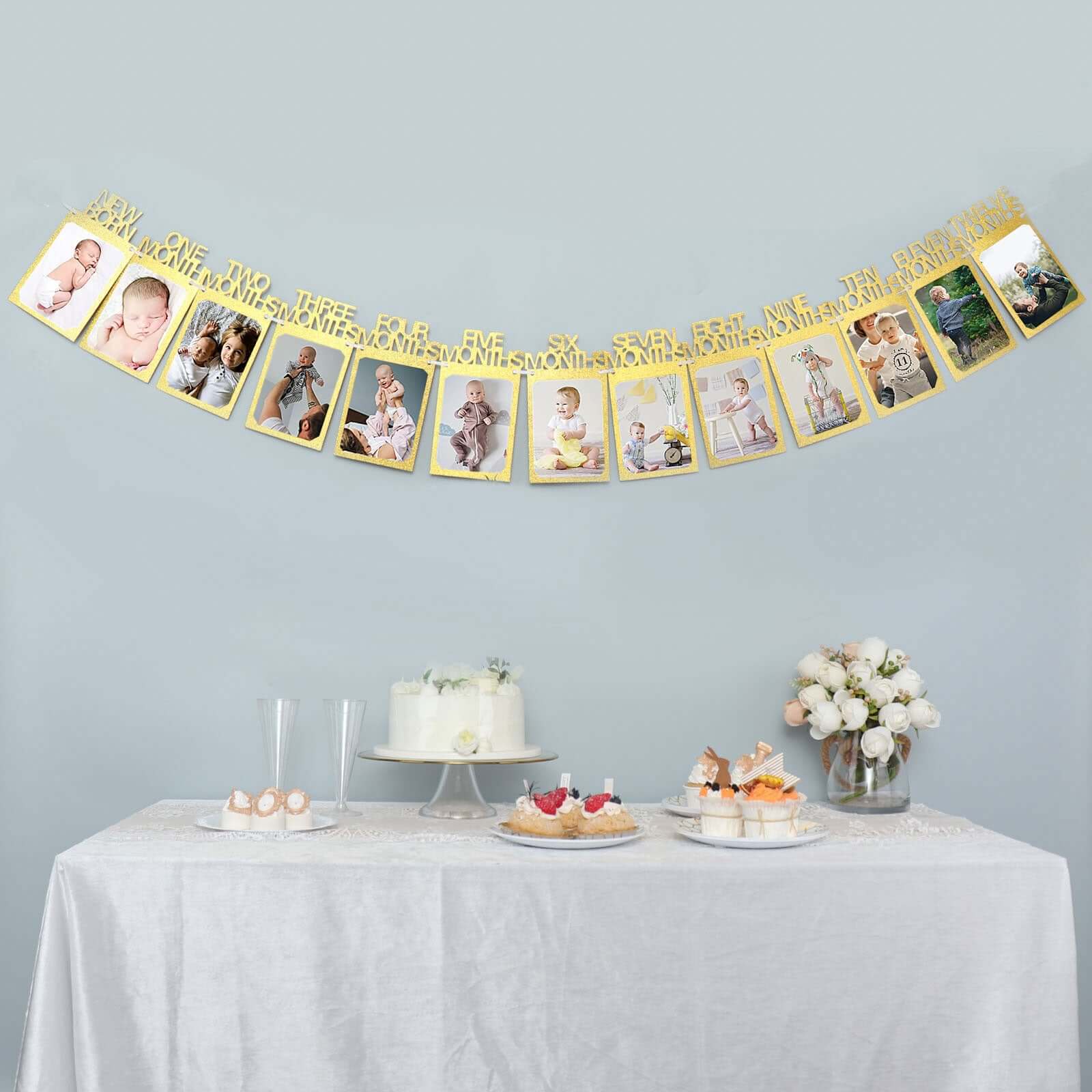 1st Birthday 12 Month Milestone Gold Photo Backdrop Hanging Banner, 5.5ft Garland