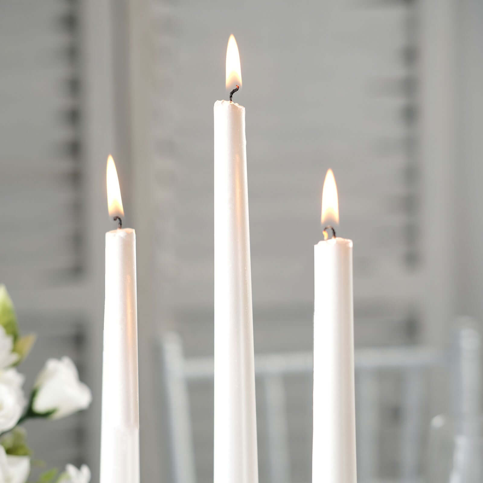 12-Piece Set of Premium Unscented Metallic Pearl White Taper Candles for Elegant Occasions
