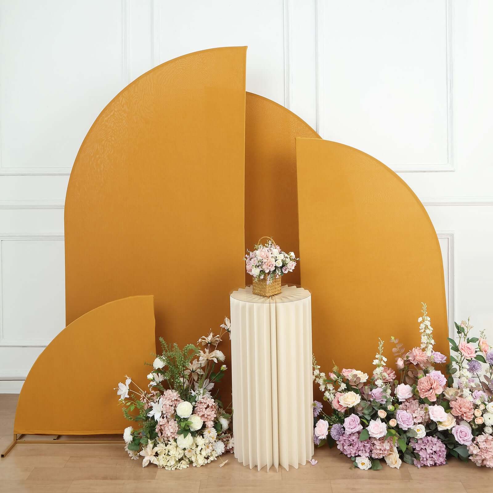Custom-Fitted Set of 4 Matte Gold Spandex Half Moon Wedding Arch Backdrop Covers in 4 Sizes