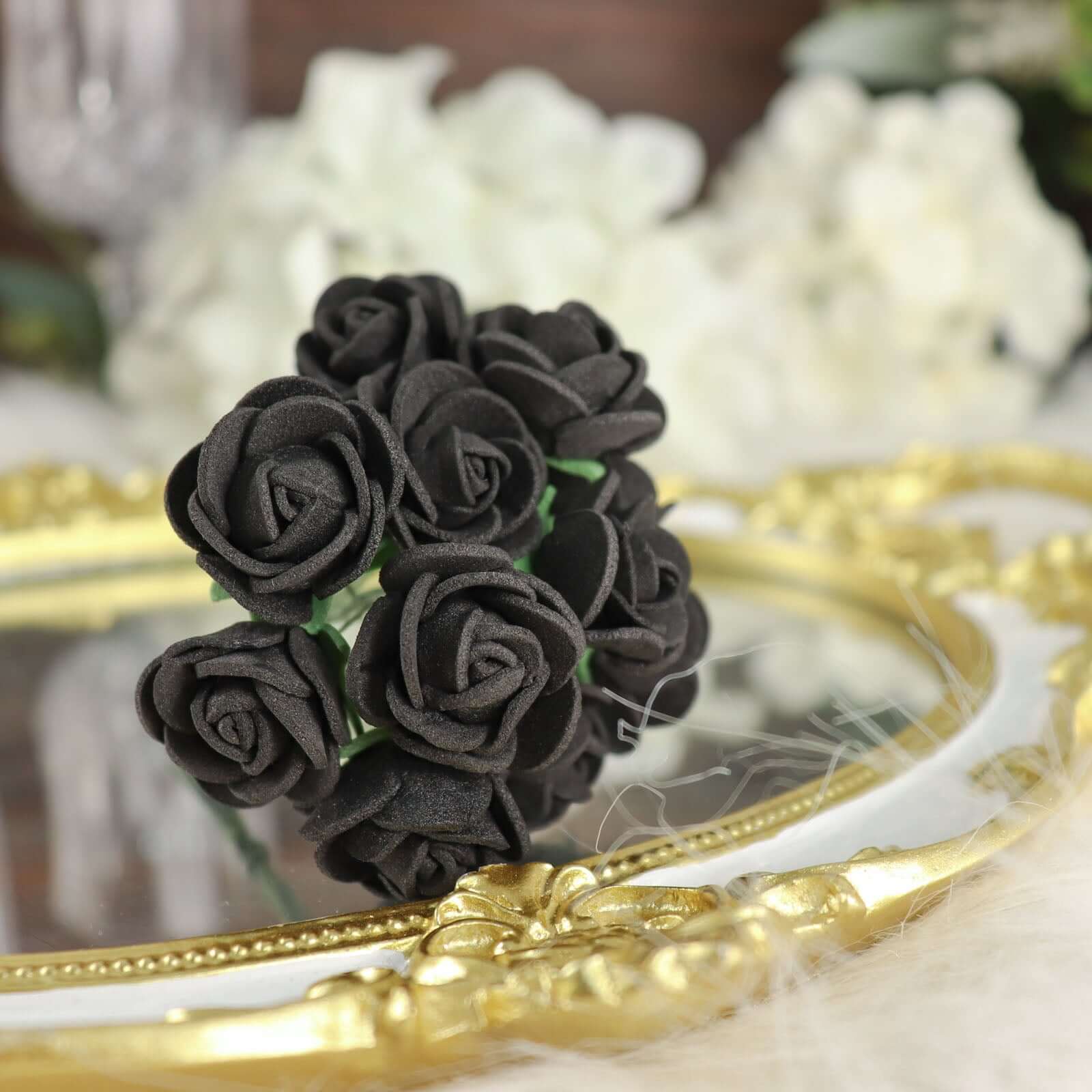 48 Black High-Quality Real Touch Artificial Foam Rose Flowers with Metal Stems for Crafts